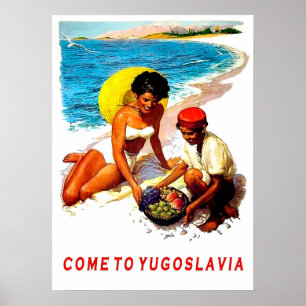 Póster Yugoslavia, mujer en la playa con vendedor de frut