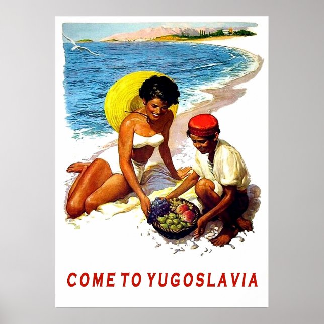 Póster Yugoslavia, mujer en la playa con vendedor de frut (Frente)