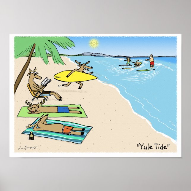 Póster "Yule Tide" - Vacaciones en playa de Santa y Reind (Frente)