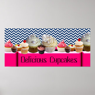 PÓSTER YUMMY CUPCAKES DESERT SHOP/ BLUE WHITE CHEVRON