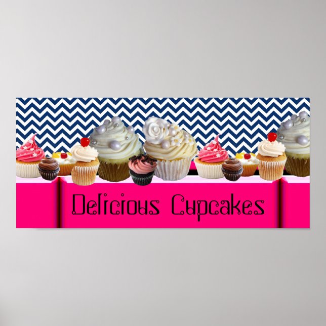 PÓSTER YUMMY CUPCAKES DESERT SHOP/ BLUE WHITE CHEVRON (Frente)