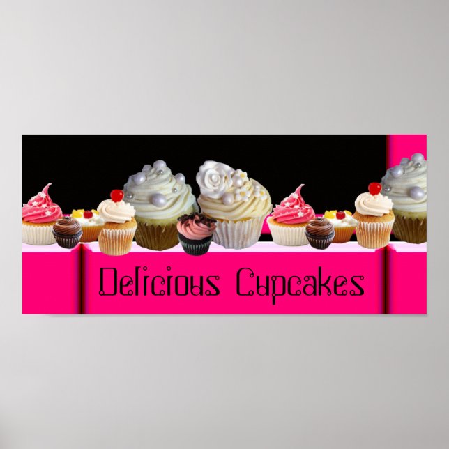 PÓSTER YUMMY CUPCAKES DESERT SHOP/ PINK BLANCO NEGRO (Frente)