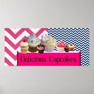 PÓSTER YUMMY CUPCAKES DESERT SHOP/PINK BLUE CHEVRON