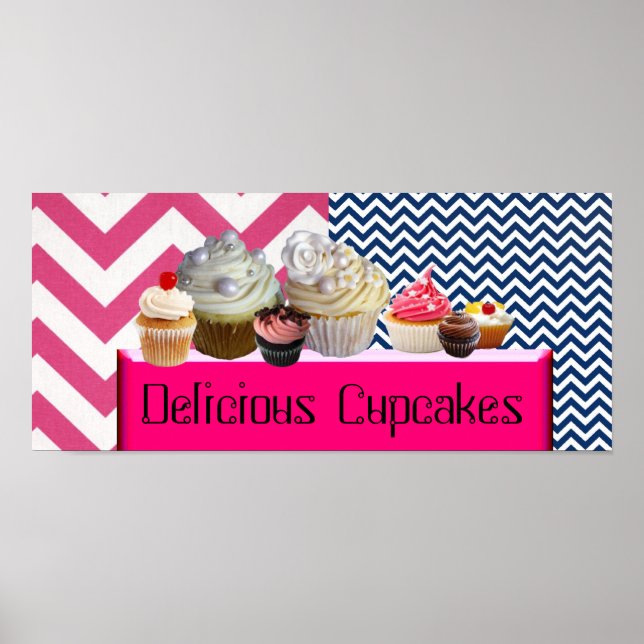 PÓSTER YUMMY CUPCAKES DESERT SHOP/PINK BLUE CHEVRON (Frente)