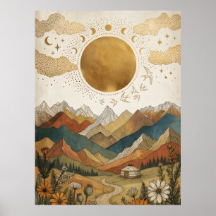 Póster Yurt Boho Celestial Fase Lunar Montaña