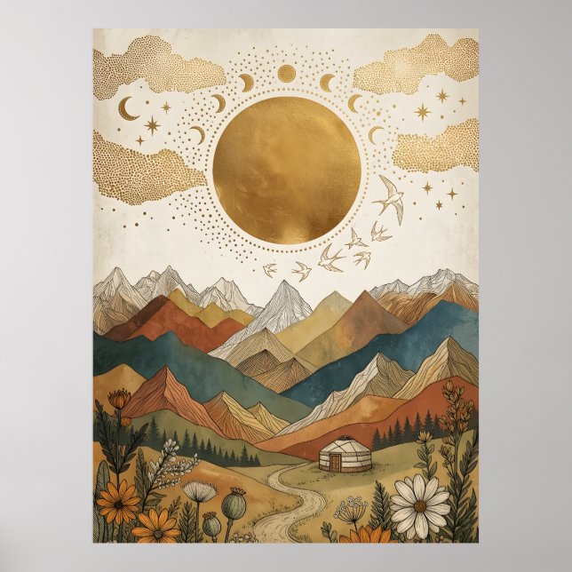 Póster Yurt Boho Celestial Fase Lunar Montaña (Frente)