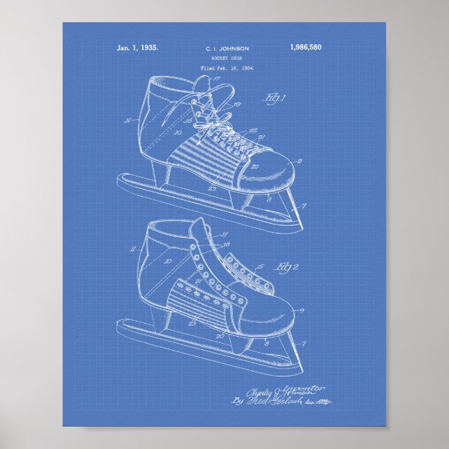 Póster Zapato de hockey 1934 Patent Art - Blueprint (Frente)