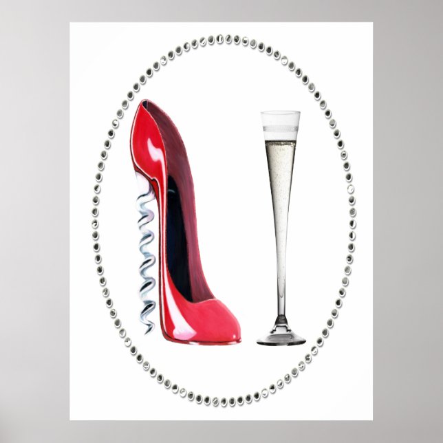 Póster Zapato de Stiletto Rojo y flauta de champán (Frente)