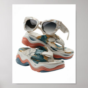 Póster Zapatos de mármol plateados y gafas de sol impresa