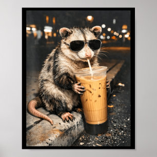 Póster Zarigüeya bebiendo café helado divertido meme de a