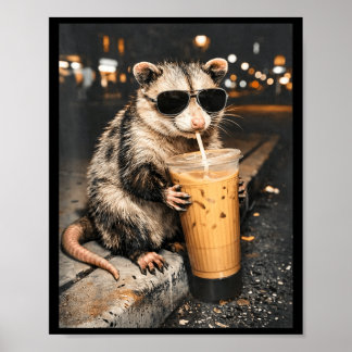 Póster Zarigüeya bebiendo café helado divertido meme de a