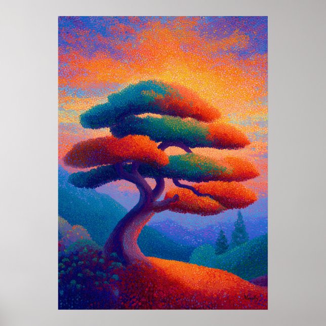 Póster Zen Bonsai Tree Pointillism Landscape Art (Frente)