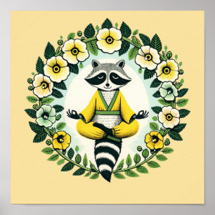 Póster Zen Raccoon Meditación Raccoons Yoga