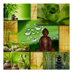 Póster Zen y collage verdes de la serenidad de Buda