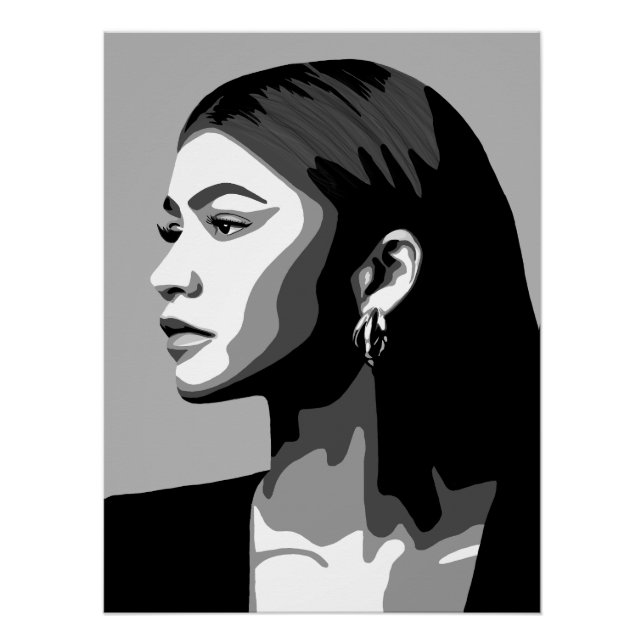 Póster Zendaya | Pintura de perfil de retrato blanco y ne (Anverso)