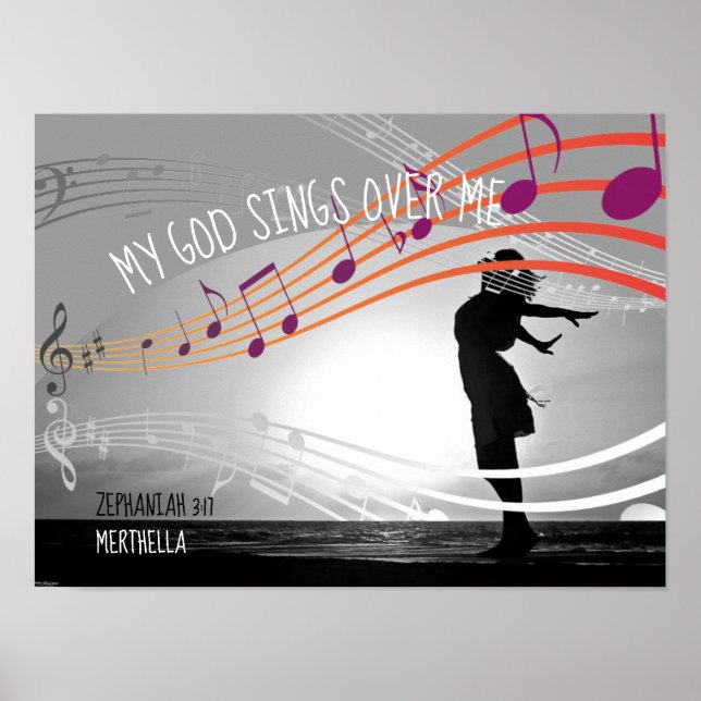 Póster Zeph 3:17 MI DIOS CANTA SOBRE MÍ GRIS Personalizad (Frente)