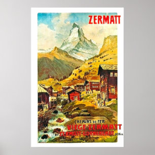 Póster Zermat, pico de montaña, Suiza, vintage de verano