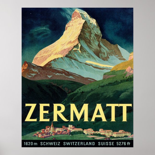 Póster Zermatt, cima de montaña, Suiza, cosecha, viaje (Frente)