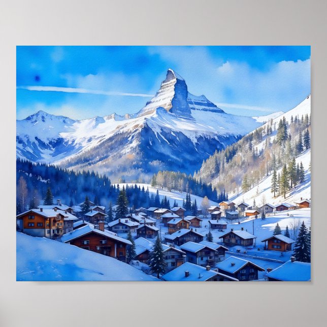 Póster Zermatt Matterhorn Suiza Watercolor (Frente)