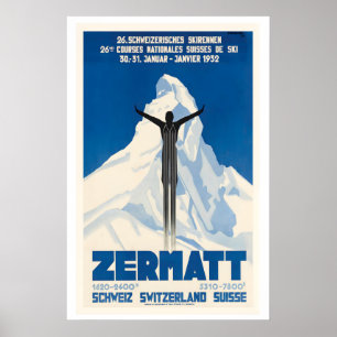 Póster Zermatt Suiza Carrera de Esquí Suiza Esquí Antiguo