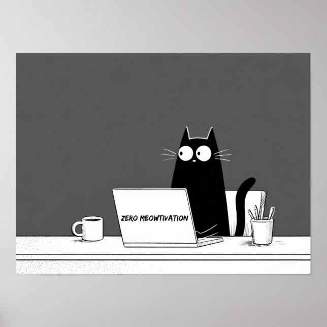 Póster Zero Meowtivation Cat – Funny Lazy Work Cartoon (Frente)