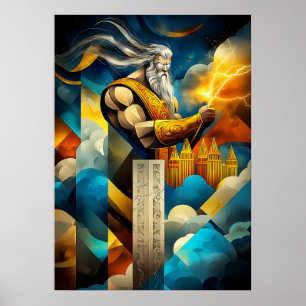 Póster Zeus - Leyenda minimalista cubista - Rey de los di