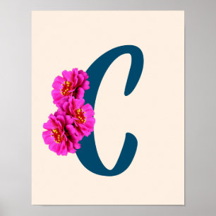 Póster Zinnia Flowers Monogram Initial C 