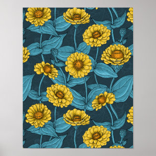 Póster Zinnias amarillas en azul oscuro