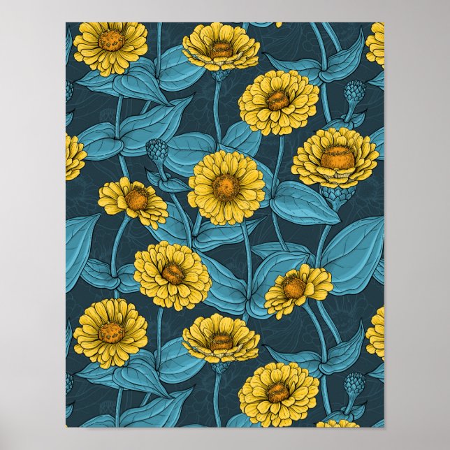 Póster Zinnias amarillas en azul oscuro (Frente)