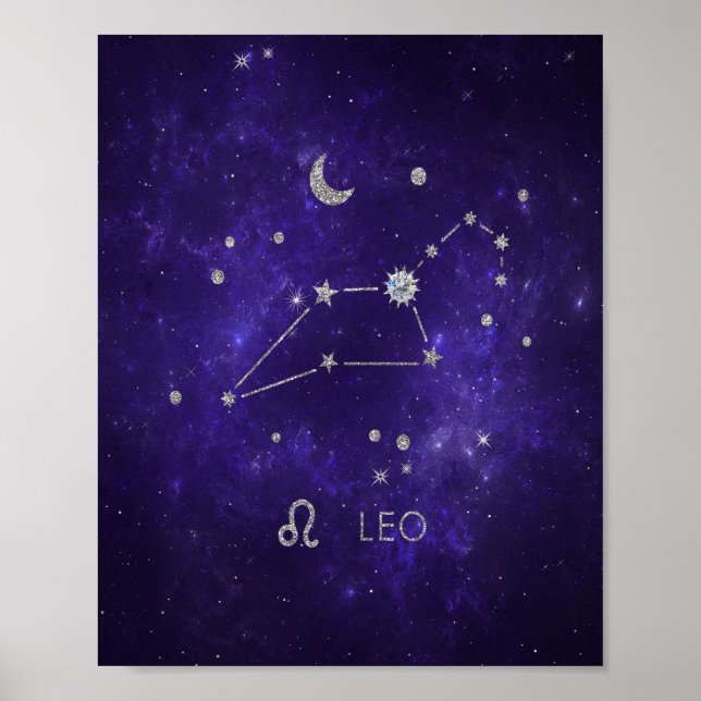 Póster Zodiac Purple Leo | Horoscopio Astrológico Cósmico (Frente)