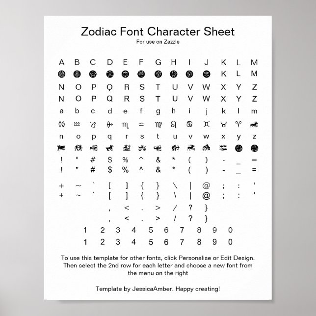 Póster Zodiac Symbol Font Chararacter Reference (Frente)