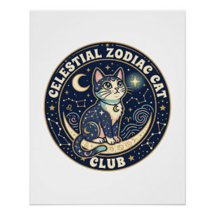 Póster Zodiaco Celestial Gato Lindo Diseño de Camiseta - 