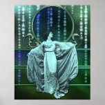 Póster Zohara: Mujer Art Deco en Aqua y Green<br><div class="desc">Zohara en el vestido de ópera. Su abrigo es de brocado forrado en seda,  su vestido es de seda,  lujosamente bordado con hilos metálicos. Se encuentra sobre un fondo de seda colorida y brillante con hilos de estrellas brillantes y vidrio arco iris en un marco metálico.</div>