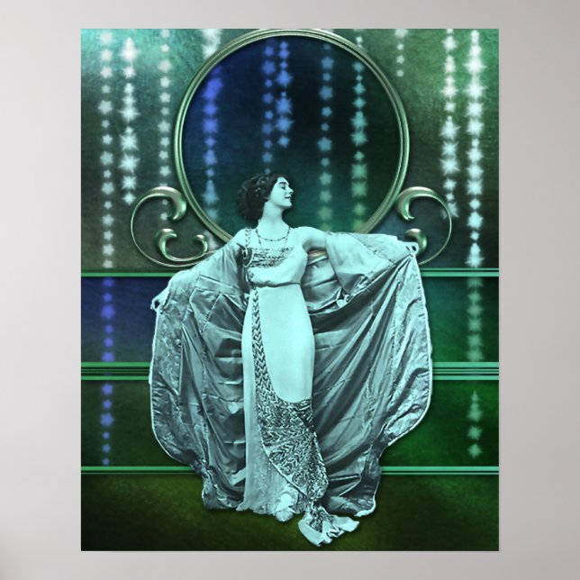 Póster Zohara: Mujer Art Deco en Aqua y Green (Frente)