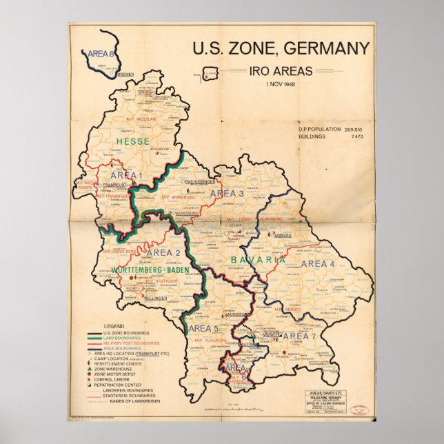 Póster Zona de EE.UU., Mapa de Áreas IRO de Alemania (1 n (Frente)