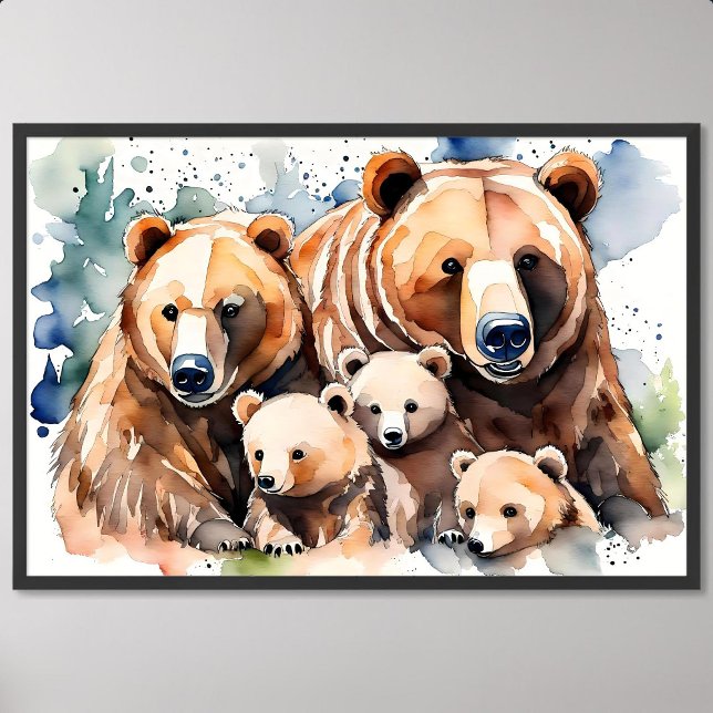Póster zoológico de pintura familiar feliz con oso pardo  (harmonious grizzly bear happy family painting zoo)