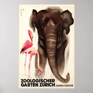 Póster Zoológico Suizo de Zurich Elefante Flamenco Animal
