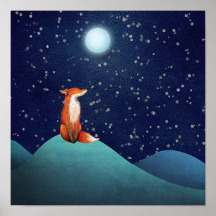Póster Zorra encantadora sentada bajo una luna llena
