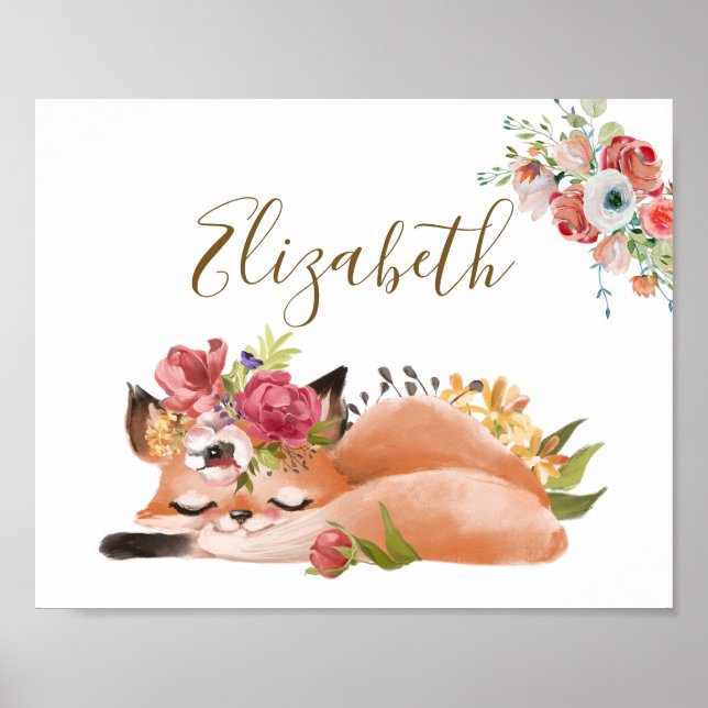 Póster Zorro bebé en acuarela lindo personalizado (Frente)