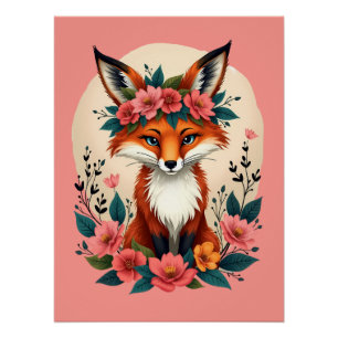 Póster Zorro boho caprichoso con corona floral del bosque