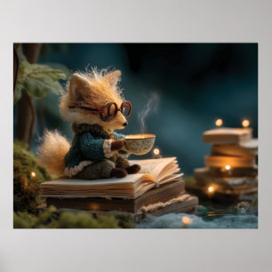 Póster Zorro Caprichoso Leyendo Libro y Bebiendo Té