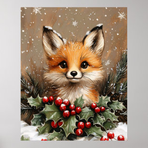 Póster Zorro de Invierno con Acebo y Pino Nevado