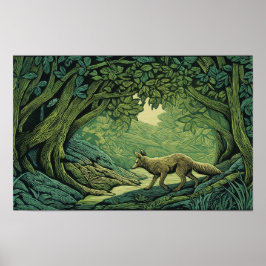 Póster Zorro en un bosque con texturas de grabado en made