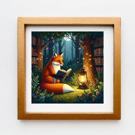 Póster Zorro en una biblioteca mágica del bosque