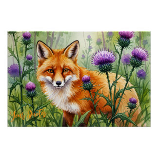 Póster Zorro entre flores de cardo púrpura Acuarela