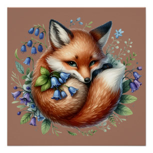 Póster Zorro Floral Botánico del Bosque