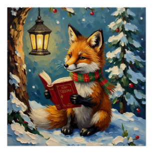 Póster Zorro invernal vintage leyendo a la luz de una lin
