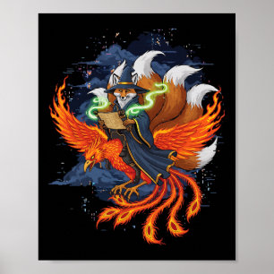 Póster Zorro montando anime de fénix Ukiyo-e Mitología Ja