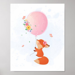 Póster Zorro pequeño lindo volando con globo rosa