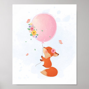 Póster Zorro pequeño y lindo volando con globo rosa